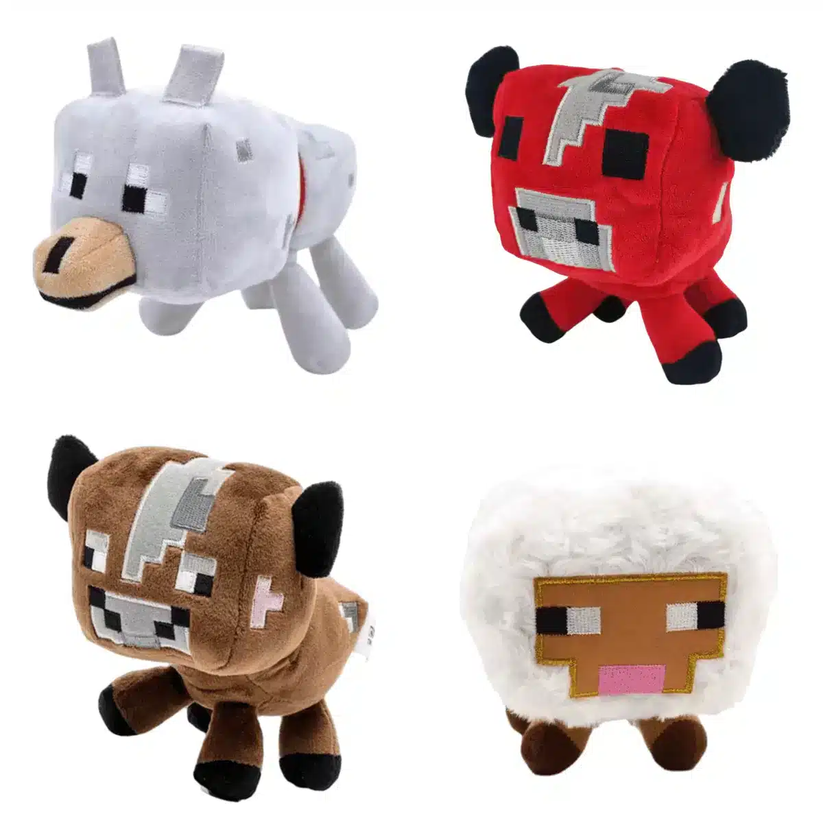 Minecraft pehmolelut: Susi, Sienilehmä, lapsi lehmä ja lapsi lammas.